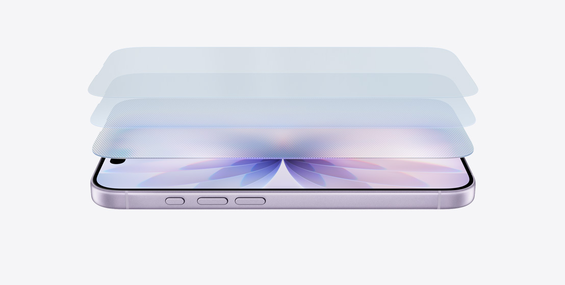 iPhone 17 horizontal on its side in Lavender finish, with a layered design showcasing Ceramic Shield 2