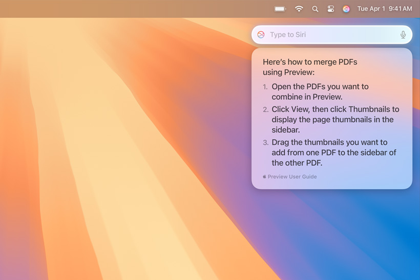 Skočni tekst iz Siri s informacijama koje je korisnik tražio o spajanju više PDF-ova.