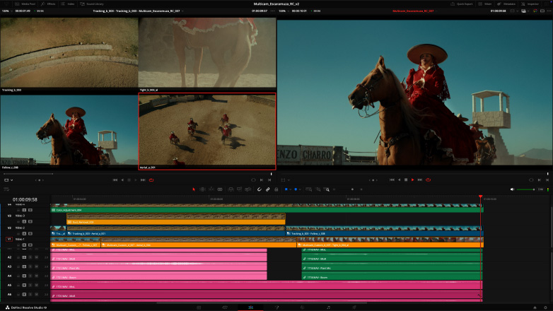 Studio Displayja i Mac Studija prikazuje uređivanje videa snimljenog s više kamera u aplikaciji DaVinci Resolve Studio