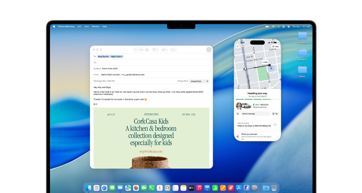 MacBook Pro 16“ with Mail and iPhone Mirroring the Uber Eats app on screen.