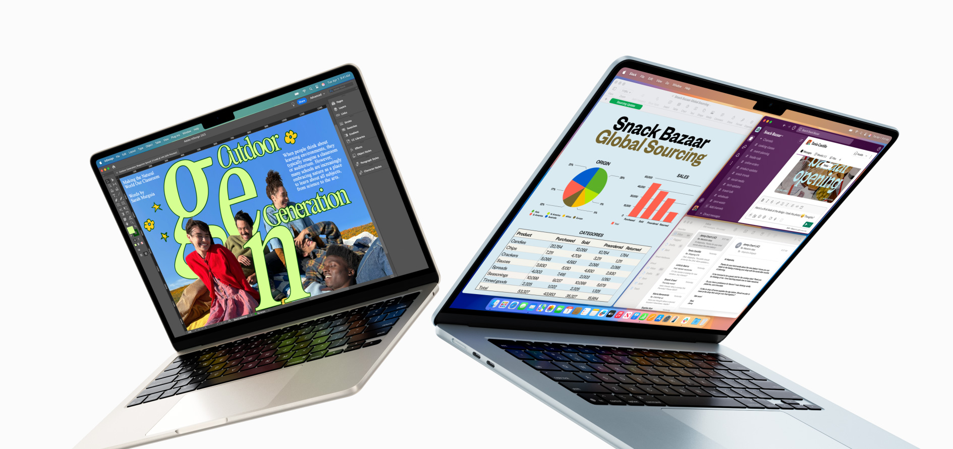 Partially open 13-inch and 15-inch MacBook Air  — one screen shows design work in progress, the other shows multitasking across email and spreadsheets
