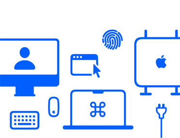 شعار الإعداد الشخصي مع عدة أيقونات لجهاز Mac مثل ماوس ولوحة مفاتيح