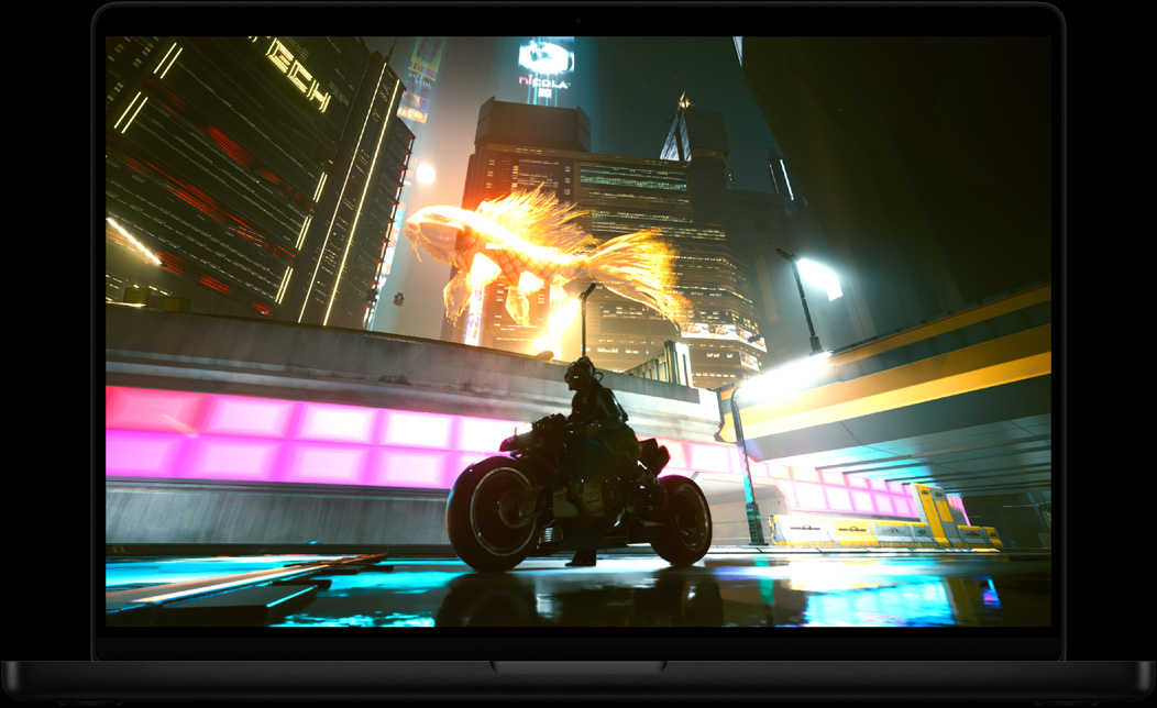 MacBook Pro ekrānā redzama spēle Cyberpunk 2077: Ultimate