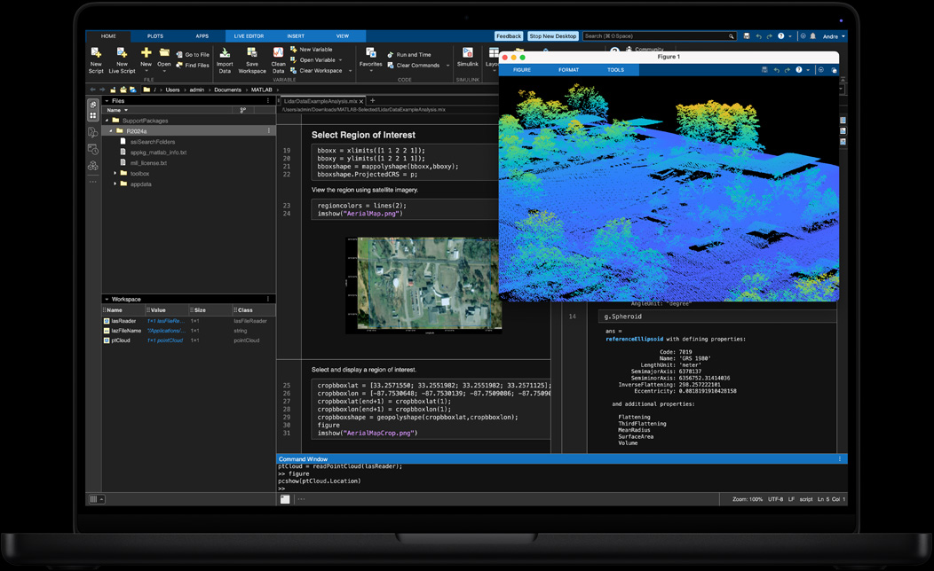 MacBook Pro ekrānā tiek izmantota MATLAB aplikācija ģeotelpisko datu apstrādei un vizualizācijai