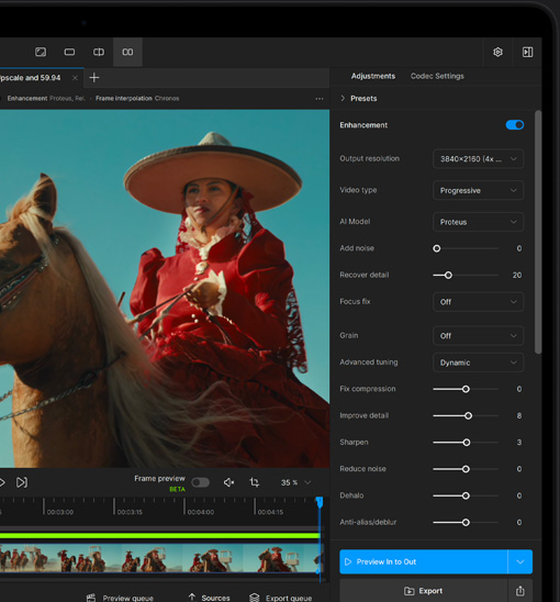 MacBook Pro ekrāns, kurā videoklips tiek uzlabots ar MI, izmantojot Topaz Video aplikāciju