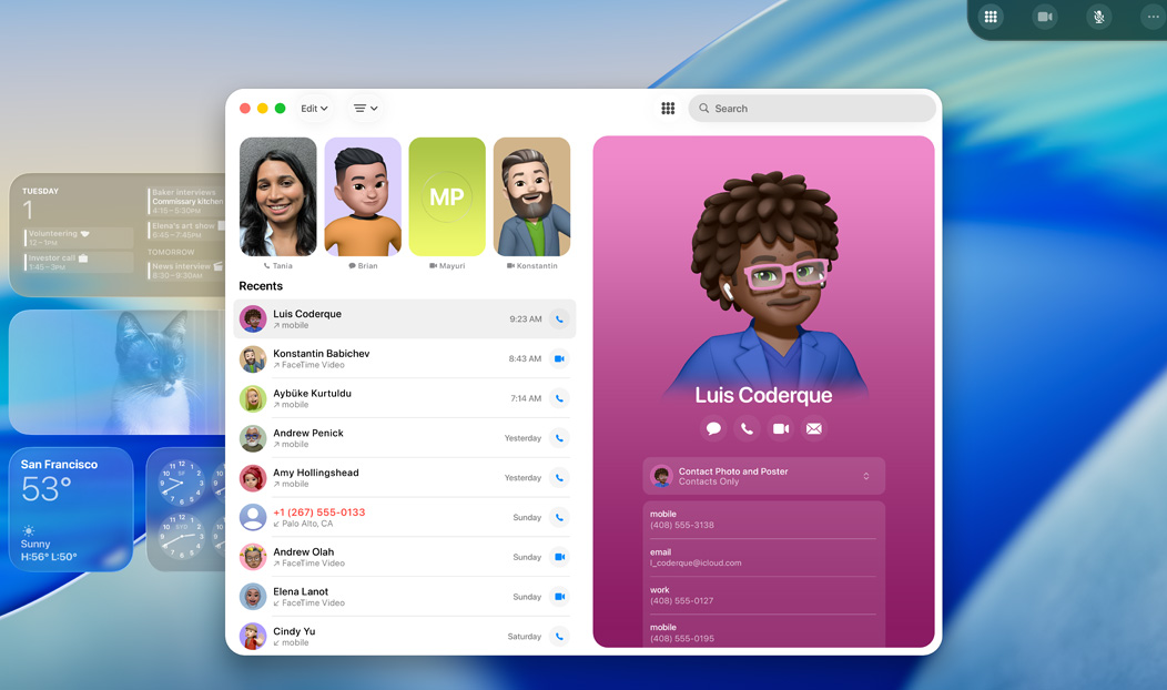MacBook Pro, atvērta Phone aplikācija, tiek rādīta kontaktpersona no nesena zvana