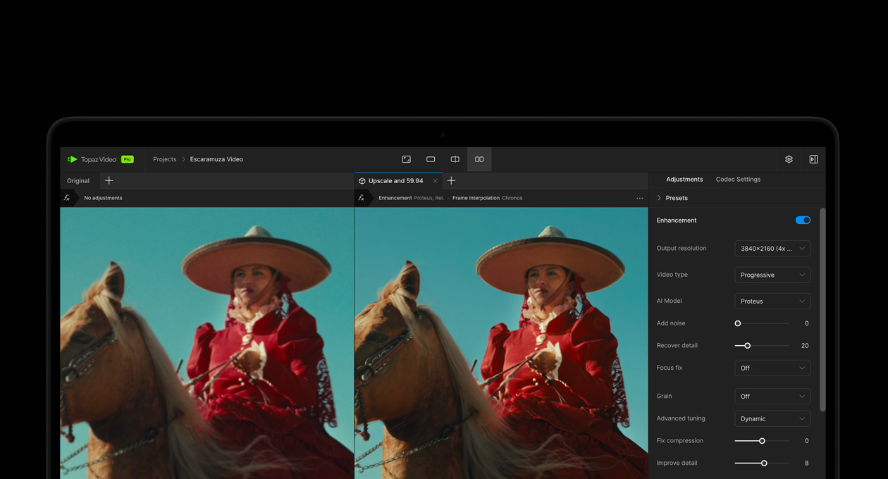 MacBook Pro ekrāns, kurā videoklips tiek uzlabots ar MI, izmantojot Topaz Video aplikāciju