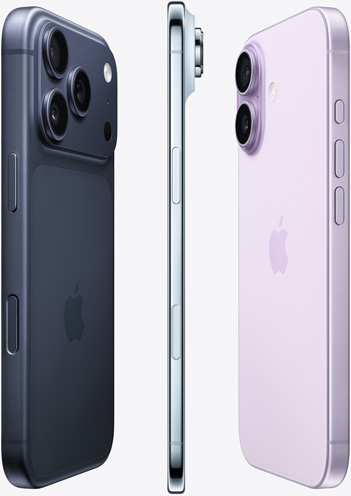 Tres dispositivos colocados en forma de abanico: lateral de la cámara de un iPhone 17 Pro azul profundo, lateral del perfil de un iPhone Air azul cielo y lateral posterior de un iPhone 17 color lavanda.