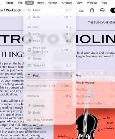 Pohled zblízka na řádek nabídek s volbami Odvolat, Opakovat, Vyjmout, Kopírovat, Vložit a dalšími