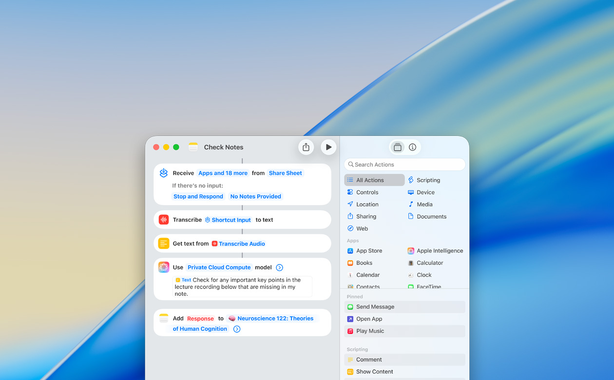 Cận cảnh người dùng đang tạo phím tắt với hành động Sử Dụng Mô Hình trong ứng dụng Ghi Chú