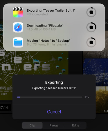 A list of Live Activities in progress and running simultaneously, list includes exporting a trailer, downloading large files and moving “Notes” to “Backup”