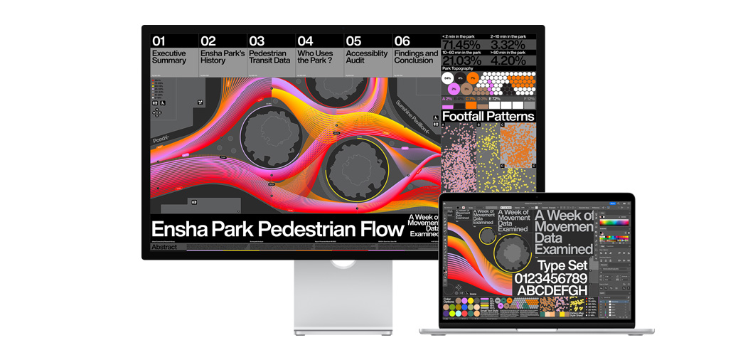 13-inch MacBook Air alongside Studio Display showing a project in Adobe Illustrator.