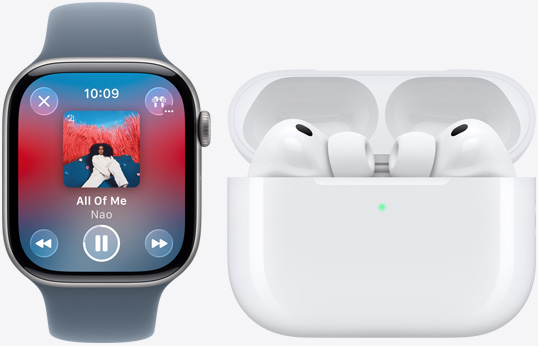 Apple Watch Series 11, Apple Music App, Jetzt läuft, AirPods Pro 3, Weiß, In-Ear Kopfhörer, Ohreinsätze aus Silikon, Mikrofon, MagSafe Ladecase, geöffnet, gerundete Ecken
