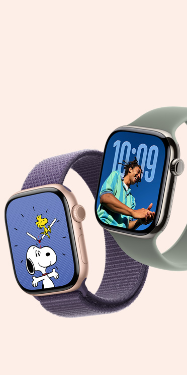 Apple Watch Series 11 Geräte, Aluminiumgehäuse, Farbe Space Grau, und Titangehäuse, Farbe Natur, Snoopy und Fotos Zifferblätter, Sport Loop, Farbe Nebelviolett, Solo Loop, Farbe Grüngrau