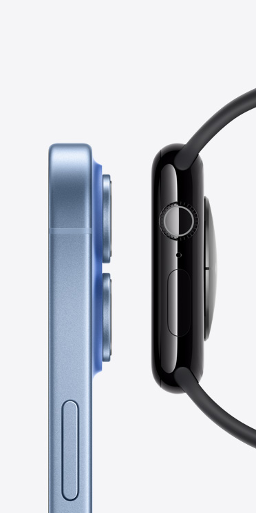 iPhone 17, rechte Seitenansicht, Sperrtaste, erhöhte Kameraobjektive, Apple Watch Series 11, rechte Seitenansicht, Digital Crown, Mikrofon, Seitentaste