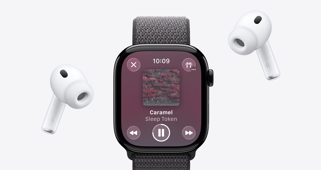 AirPods Pro 3, Weiß, Ohreinsätze aus Silikon, Apple Watch Series 11, Aluminiumgehäuse, Farbe poliertes Diamantschwarz, Apple Music spielt etwas