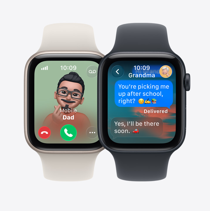 Deux écrans d’Apple Watch SE 3: appel entrant de Papa, iMessage de Mamie
