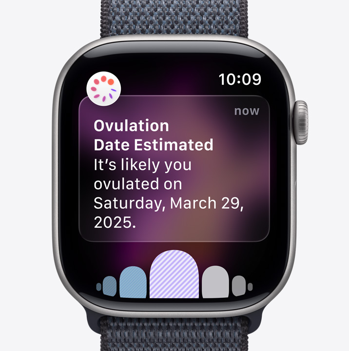Apple Watch Series 11, space grey colour, aluminium case, ovulation date estimation notification from Cycle Tracking in Health app, Digital Crown, Sport Loop, dark grey colour