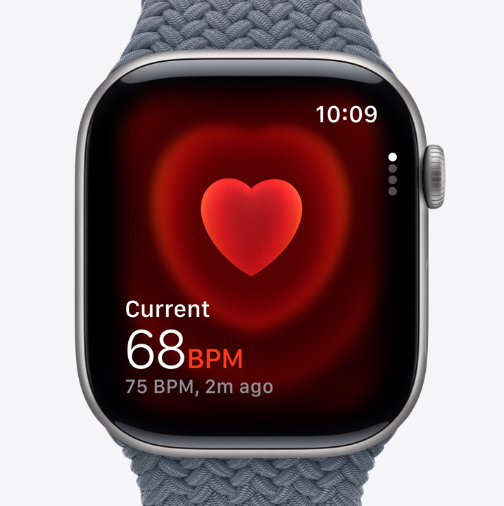 Apple Watch Series 11, aluminium case, Space Grey colour, Heart Rate app, current beats per minute