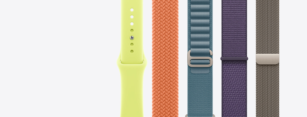Apple Watch Armbänder: Sport Band, Farbe Neongelb, Geflochtenes Solo Loop, Farbe Kurkuma, Alpine Loop, Farbe Hellblau, Sport Loop, Farbe Nebelviolett, Milanaise Armband, Farbe Natur