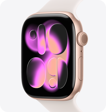 Apple Watch Series 11, Aluminiumgehäuse, Farbe Roségold, Flow Zifferblatt, rechte Seitenansicht, Digital Crown, Mikrofon, Seitentaste, Sportarmband, Farbe Blassrosa