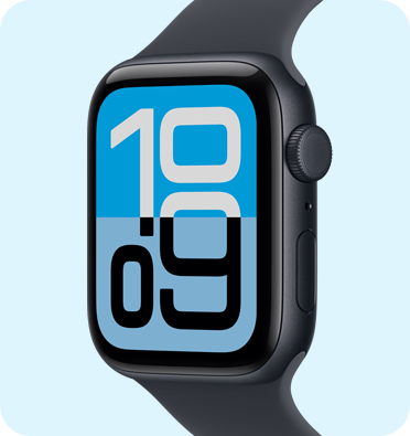 Apple Watch SE 3, Aluminiumgehäuse, Farbe Mitternacht, Wandel Zifferblatt, rechte Seitenansicht, Digital Crown, Mikrofon, Seitentaste, Sportarmband, Farbe Mitternacht