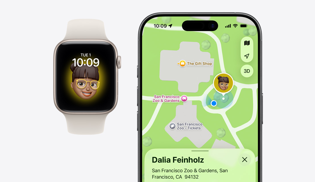 Apple Watch SE 3, child's Memoji on screen, iPhone 17, Find My app, child's location on map