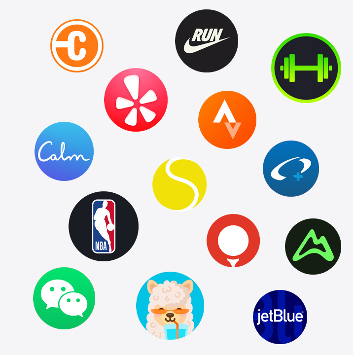 Apple Watch app icons: ChargePoint, Yelp, Nike Run Club, SmartGym, Calm, NBA, SwingVision, Oceanic+, WeChat, Waterllama, Golfshot, JetBlue, AllTrails