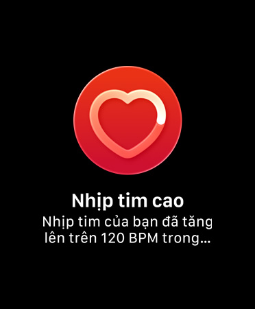 Giao diện người dùng của Thông Báo Nhịp Tim Cao có nội dung: 'Nhịp Tim Cao Nhịp tim của bạn đã tăng lên trên 120 BPM trong khi bạn dường như không hoạt động trong 10 phút, bắt đầu từ lúc 9:59'