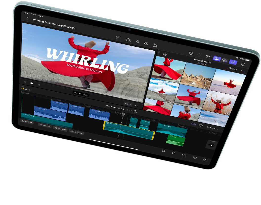 iPad Air nằm ngang, hiển thị tác vụ chỉnh sửa video trong Final Cut Pro