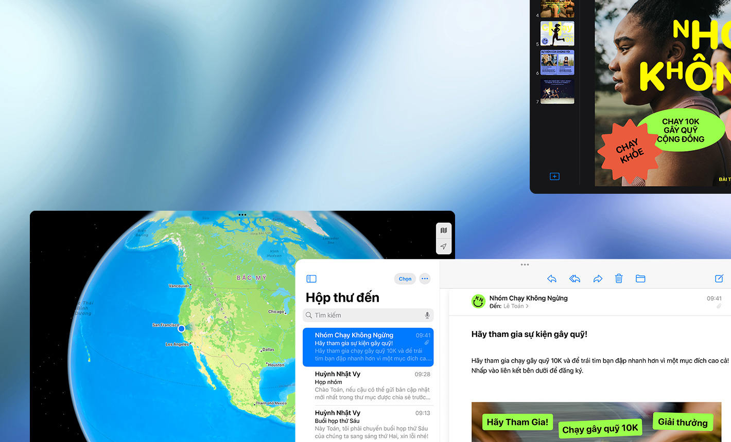 Các màn hình với nhiều ứng dụng khác nhau đang được sử dụng, nằm ngang