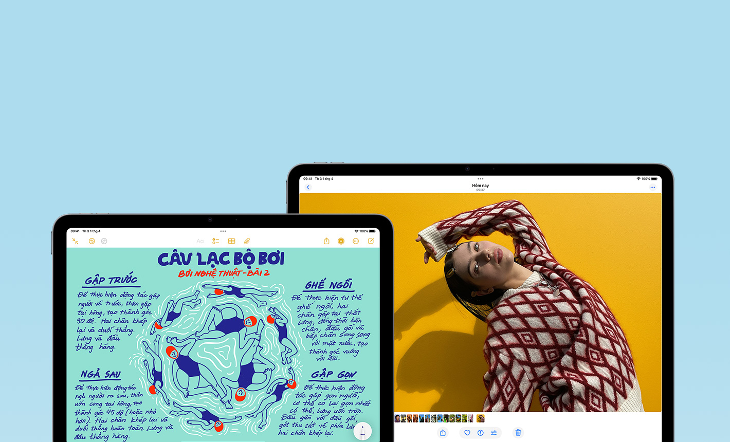 Vỏ ngoài mặt trước của iPad Air 11 inch hiển thị ứng dụng Ghi Chú và iPad Air 13 inch hiển thị ứng dụng Ảnh để thể hiện sự khác biệt về kích thước màn hình