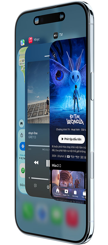 iPhone Air, front exterior, side exterior, with Maps, Music, and Apple TV+ apps, showcasing the App Switcher feature in use