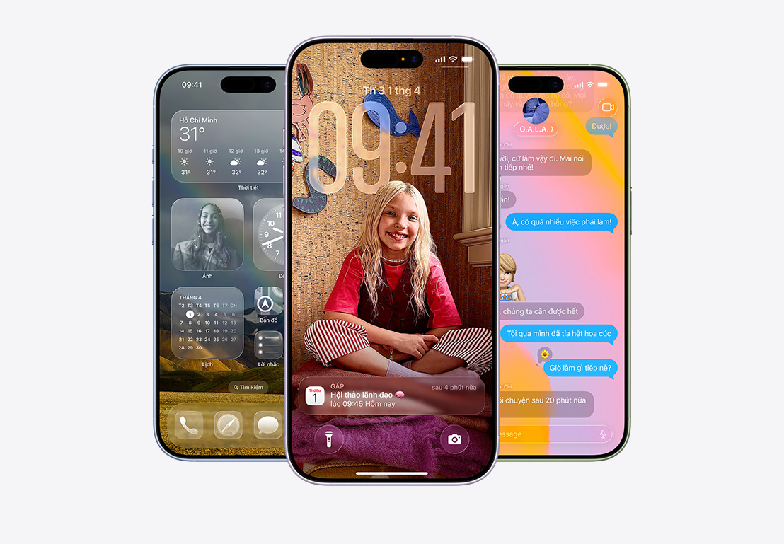 iPhone 17 devices, front exterior, finishes: mist blue, lavender, sage, iOS 26 features - Home Screen with various apps displayed, Calendar pop-up on personalized Lock Screen, iPhone screen showing Messages with Liquid Glass design