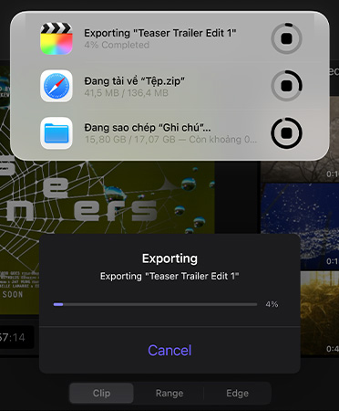 Danh sách các Hoạt Động Trực Tiếp đang diễn ra và chạy đồng thời, danh sách bao gồm xuất đoạn giới thiệu phim, tải về các tệp dung lượng lớn, và di chuyển 