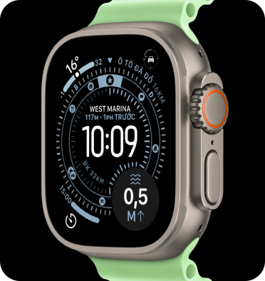 Apple Watch Ultra 3, natural color, titanium case, Orienteering watch face, complications: weather, parked car location, satellite, and distance to surface, right side exterior, Digital Crown, microphone, side button, Ocean Band, neon green color